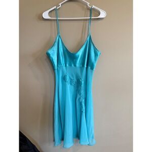 Sophia by Delicates Turquoise Satin Sheer Floral Nightgown Slip Dress M